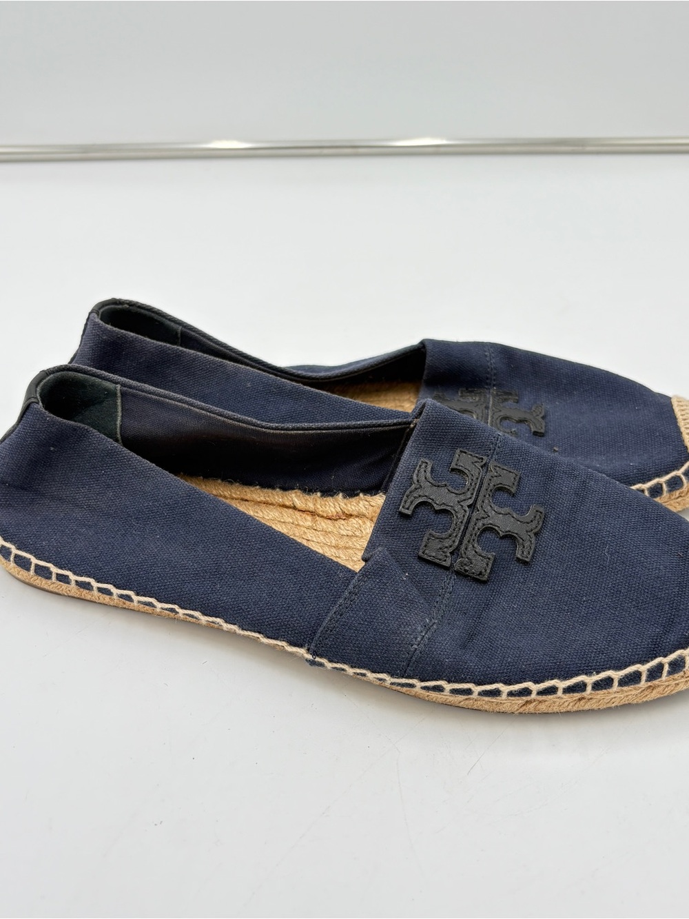 Tory Burch Weston Flat Espadrille Canvas Leather Navy Black Logo Womens Size 9.5